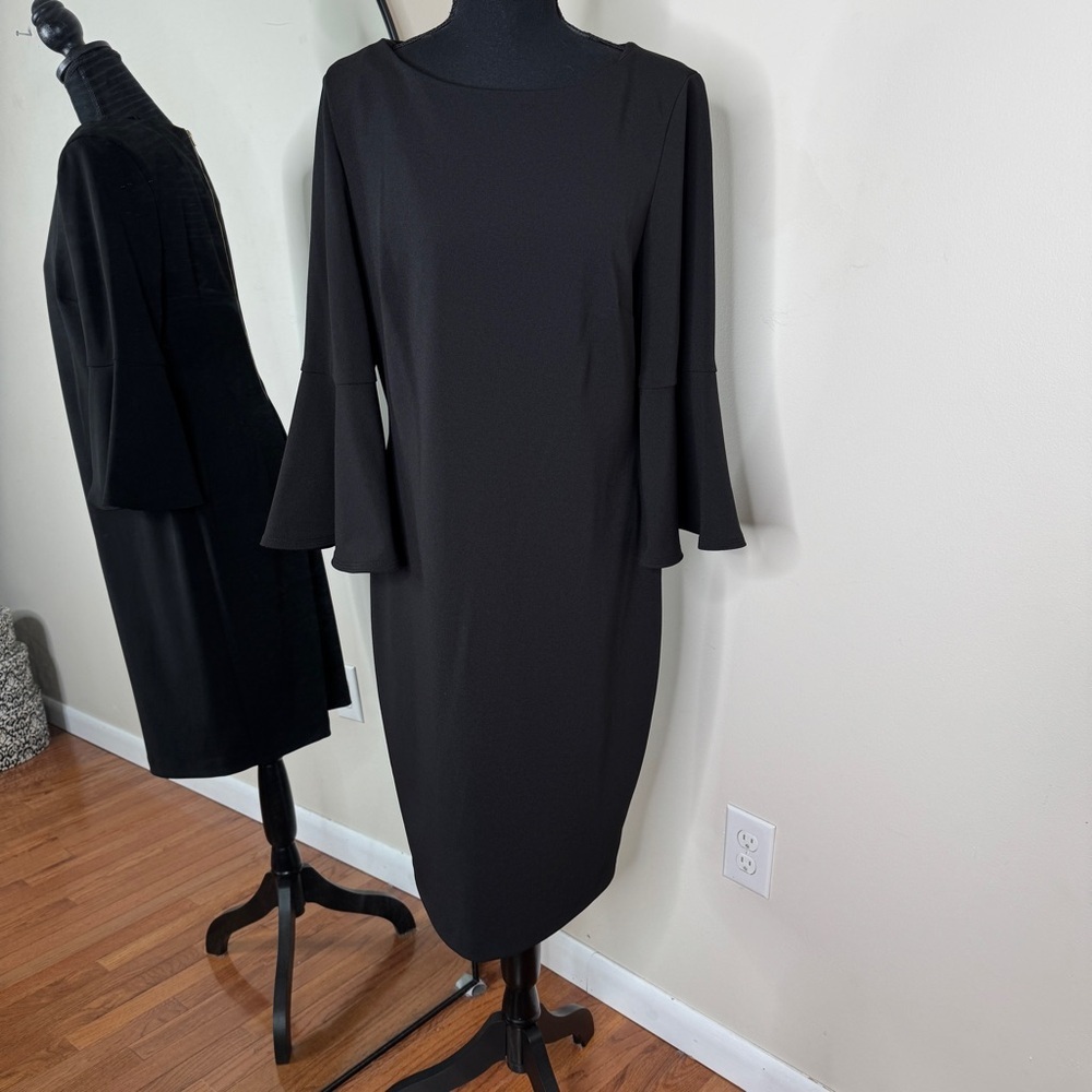 Calvin Klein 3/4 Bell Sleeve Boat Neck Sheath Dress Black Size 12